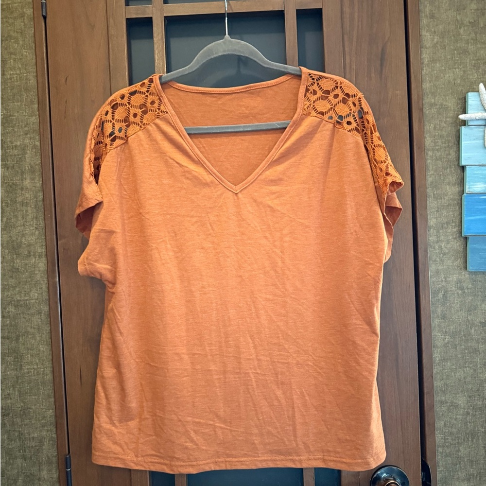Rust Color Lace Shoulder Women's Top NWOT